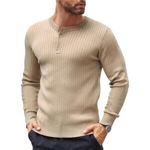 Mens Knit Henley Sweater Long Sleeve Button Pullover Lightweight Ribbed Slim Fit